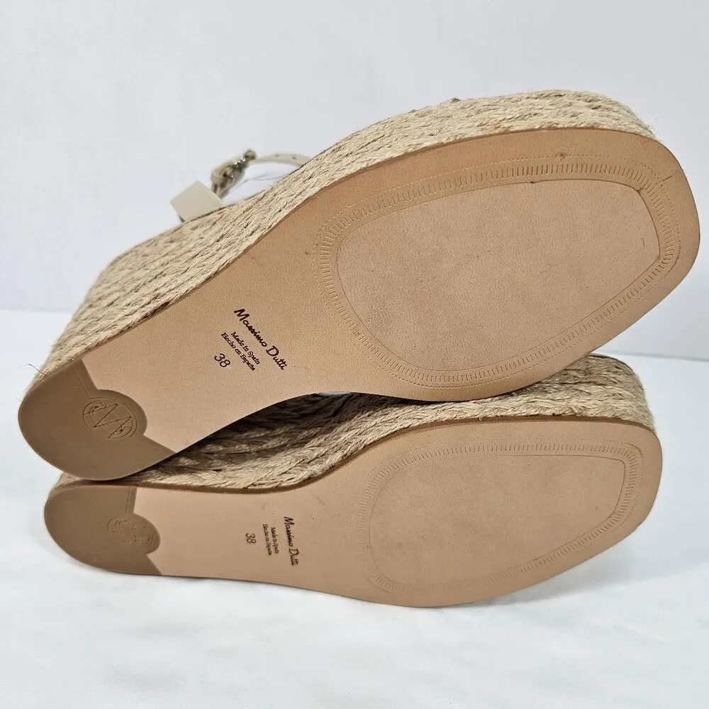 Massimo Dutti Spain Beige Leather Bit Platform Jute Wedge Sandals Sz 38 US 7.5